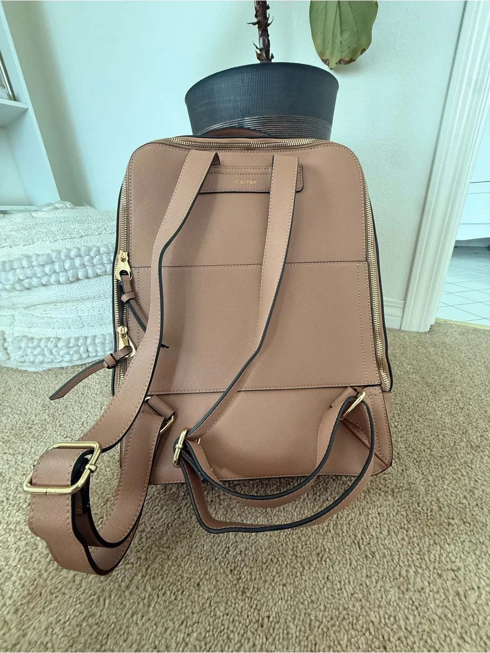 Calpak Rose Tan Backpack with Whipstitch Trim